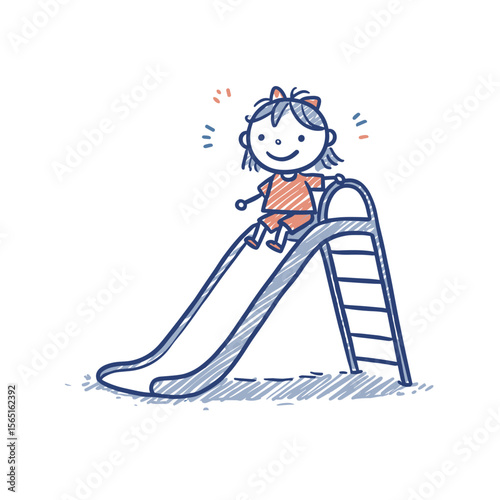 Girl smiling while playing on a slide in a playground setting  