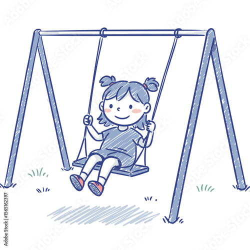 Young girl swinging happily on swing set in a playground  