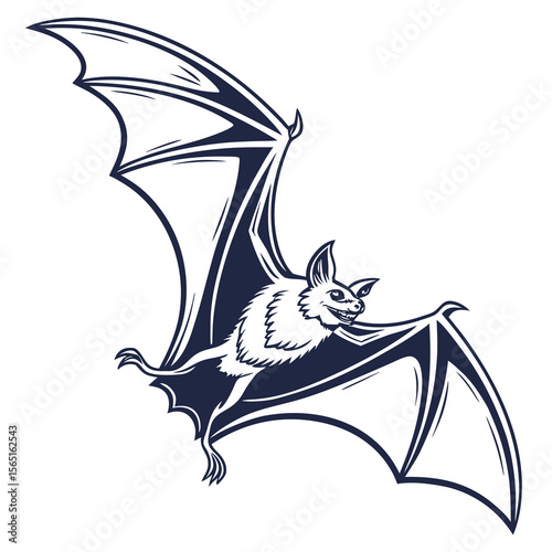 Stylized dark blue bat with outstretched wings in mid flight against white background