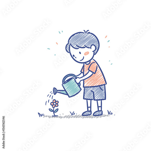 Young boy watering a flower with a watering can in garden  
