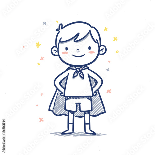 Young boy in superhero cape smiling with hands on hips