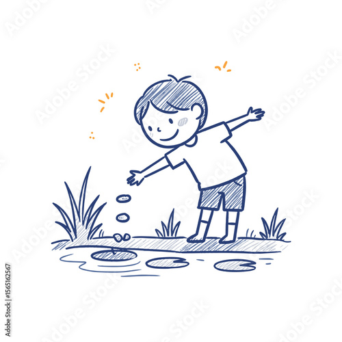 Young boy skipping stones by the pond in a playful manner  