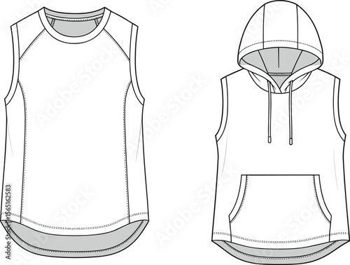 WebSleeveless raglan tank top and hooded sweatshirt technical flat sketch vector drawing, fashion cad template, activewear design front back illustration