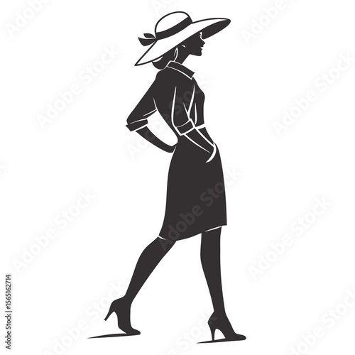 Elegant silhouette of a woman in a wide brimmed hat and stylish dress walking