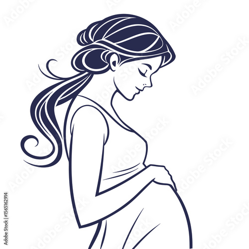 Elegant pregnant woman with flowing hair cradling her belly in a serene profile view