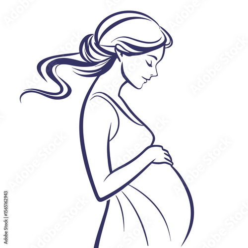 Elegant line art illustration of a pregnant woman gently holding her belly with her eyes closed