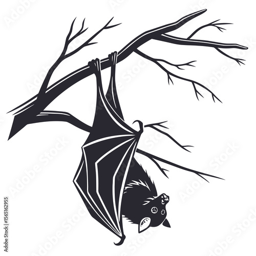Stylized silhouette of a bat hanging upside down from a bare tree branch against a white background