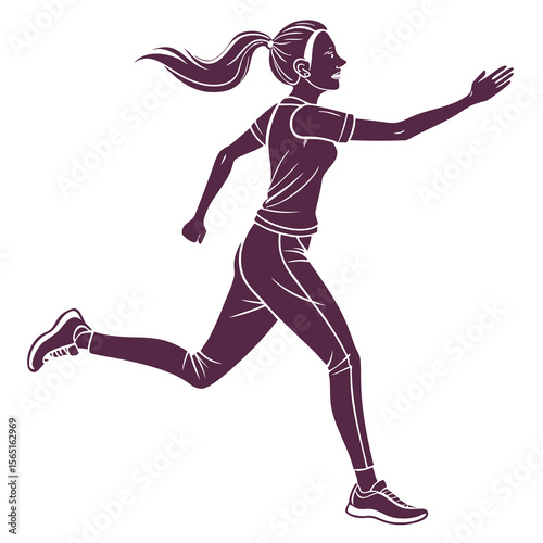 Athletic woman running with ponytail and reaching forward in athletic wear on white background