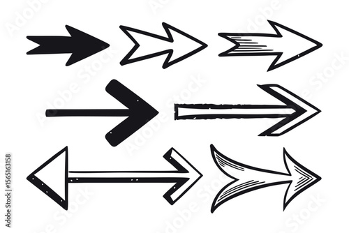 Collection of Hand Drawn Arrows in Various Styles Pointing to the Right.