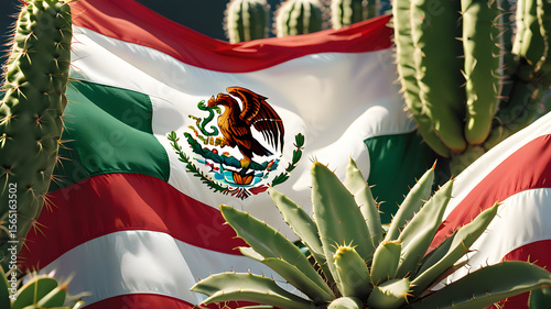A waving Mexican flag prominently displayed with cactus plants and desert environment, representing national pride.