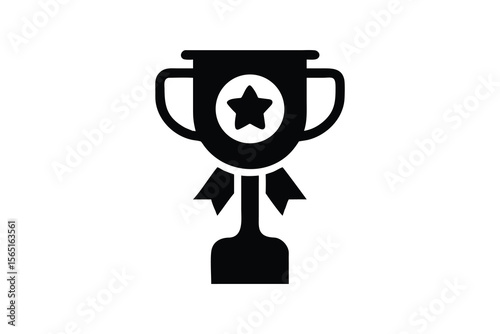 Simple black silhouette icon of a trophy with a star and ribbon symbolizing victory and achievement