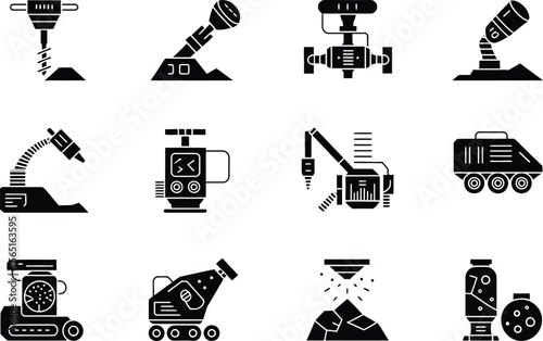 Twelve Black Silhouettes Mining Equipment Icons vector