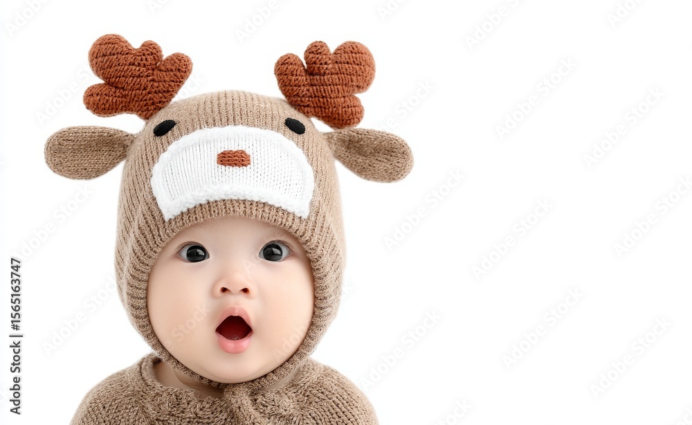 Fototapeta premium A Cute Asian male baby is sitting on a towel in soft focus, with the background blurred