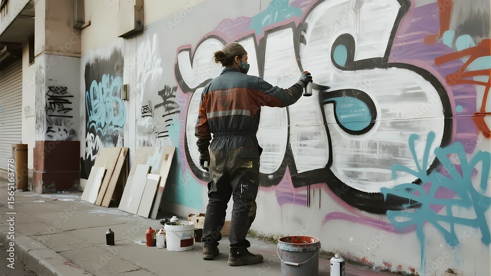 Obraz premium Artist Creating Street Graffiti, Street Art & Trendy Culture Element