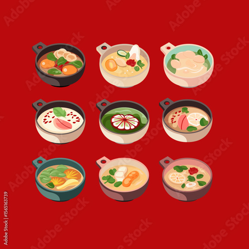 A Vibrant Array of Nine Asian Noodle and Ramen Dishes with Diverse Toppings and Garnishes on a Deep Red Background