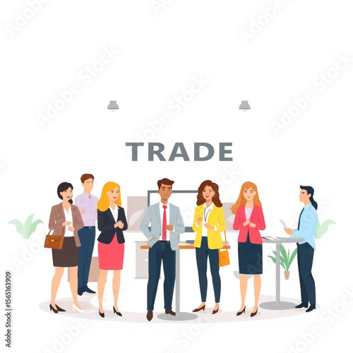 A group of nine business professionals are setting up for a trade show. The setting is modern, with clean lines and natural light.