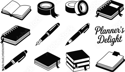 Black and White Stationery Icons Planners Notebooks Pens Tape