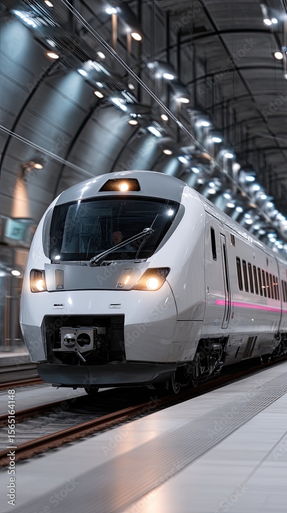 Naklejka premium Neon-lit train glides through a modern tunnel, featuring vibrant colors and a sense of speed in a high-resolution capture