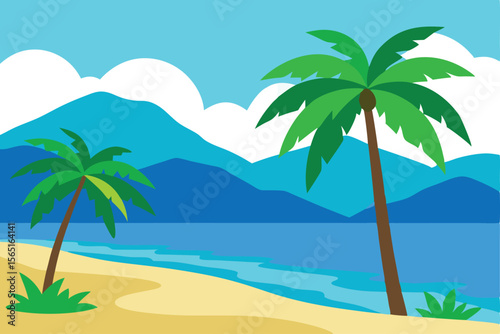 Tropical Beach Paradise Palm Trees, Ocean, and Mountains Illustration