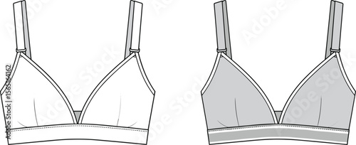 Sketches of two bras with triangular cups and adjustable straps, one shaded in gray, fashion drawing for women's lingerie design template