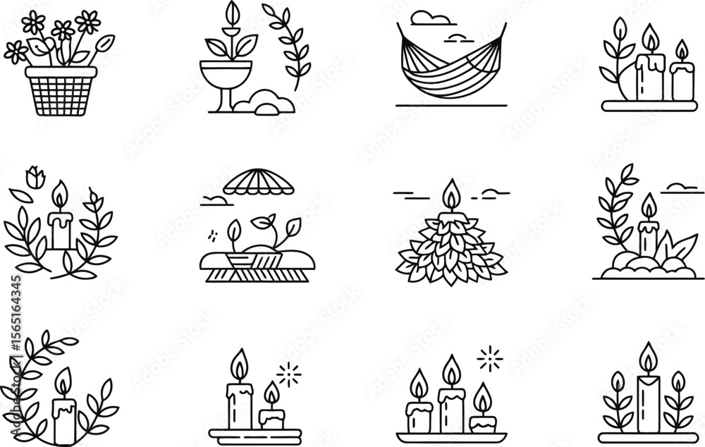 Fototapeta premium Line Art Icons Candles Flowers Hammock Plants vector
