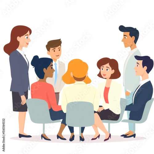 A group of seven business professionals are participating in a team-building workshop. They are dressed in business attire and seem engaged in the conversation.