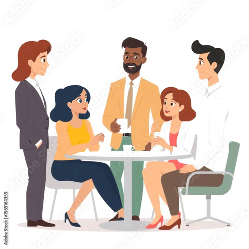 A group of five executives are enjoying a coffee break together. One person is standing while the rest are seated, listening attentively.