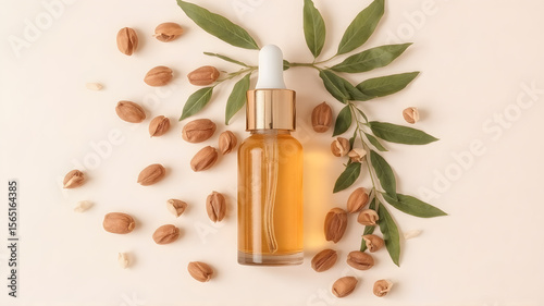 Dropper bottle of cosmetic oil surrounded by argan nuts and leaves on a light background, promoting natural skincare.