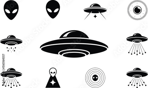 Black and White U F Os Alien Icons Set Spacecraft Symbols