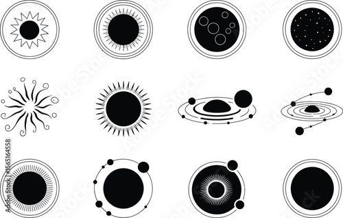 Black and White Celestial Sun Planet Galaxy Icons Set