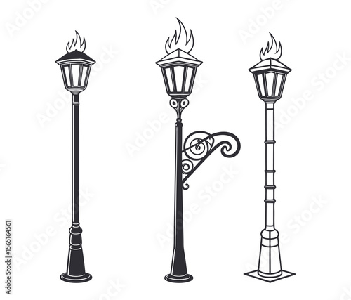 Three stylized street lamps with flames in black and white illustration.