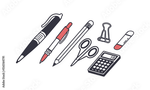 Office Supplies Still Life Pens Pencil Scissors Binder Clip Calculator and Eraser.
