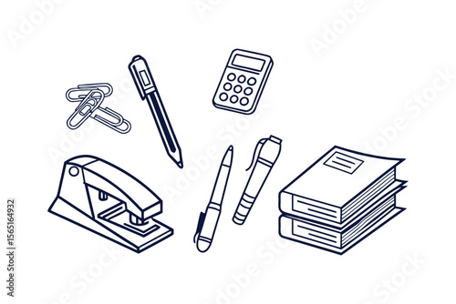 Outline Illustration of Office Supplies on a White Background for Design.