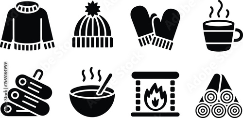 Winter Icons Set Sweater Hat Mittens Hot Drink Firewood Fireplace