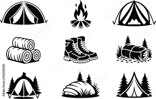 Camping Icons Set Black Silhouette Tents Boots Fire Wood