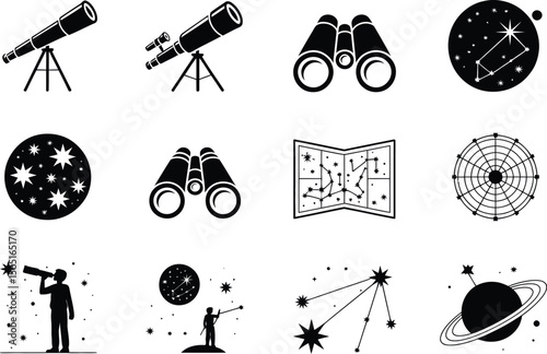 Black and White Astronomy Icons Telescopes Binoculars Star Maps Constellations