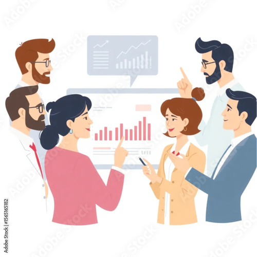 A group of seven executives are looking at financial data. Everyone is contributing ideas, and a few are pointing at the board or screen.