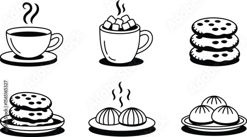 Black and White Coffee Hot Chocolate Cookies and Buns Line Art