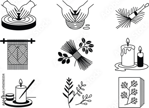 Black and White Line Art Craft Icons Set Pottery Weaving Candles