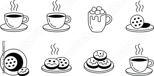 Coffee Cups Cookies Marshmallow Hot Chocolate Line Art Illustration