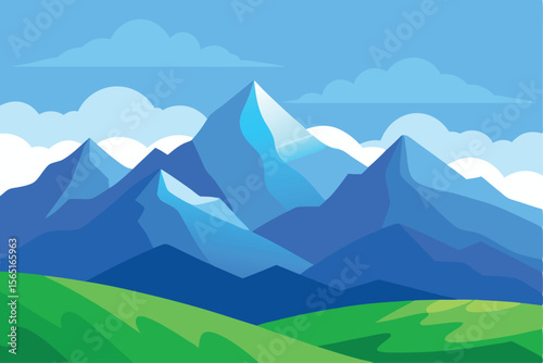 Majestic Mountain Range Landscape Illustration Serene Peaks and Verdant Valley