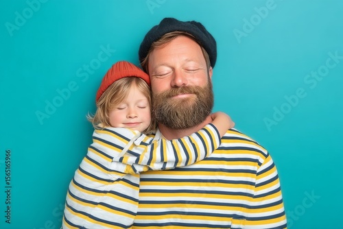 A hipster dad spends quality time with his little girl, lifting her up in his arms, engaging in delightful conversation, and basking in their special bond as they stand against a blue backdrop