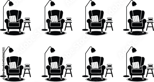 Black and White Armchair Reading Nook Floor Lamp Pattern