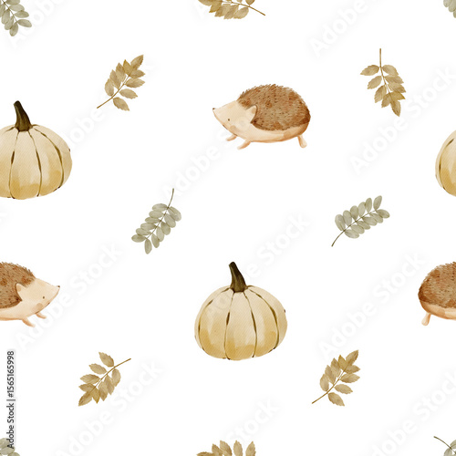 Watercolor Autumn Seamless Pattern with Hedgehog, Pumpkin, Leaves on Transparent Background. Hand-Drawn Forest Watercolor Repeat Design for Fall.