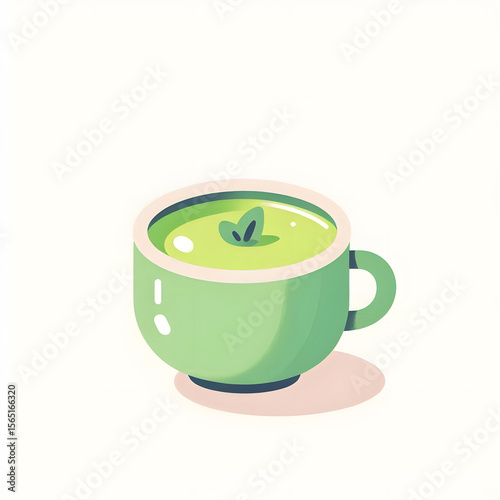 Japan matcha latte set. Flat cartoon illustration of matcha drinks. Matcha latte with foam art, heart, rabbit, flower. Green matcha in various cups.