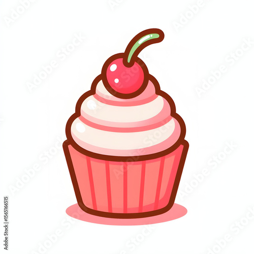 cartoon cupcake with pink frosting and cherry on top, minimal and cute style, white background

