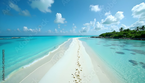 Walking on Sandbar Path at Tropical Beach with Azure Water