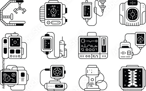 Twelve Black and White Medical Device Icons illustration