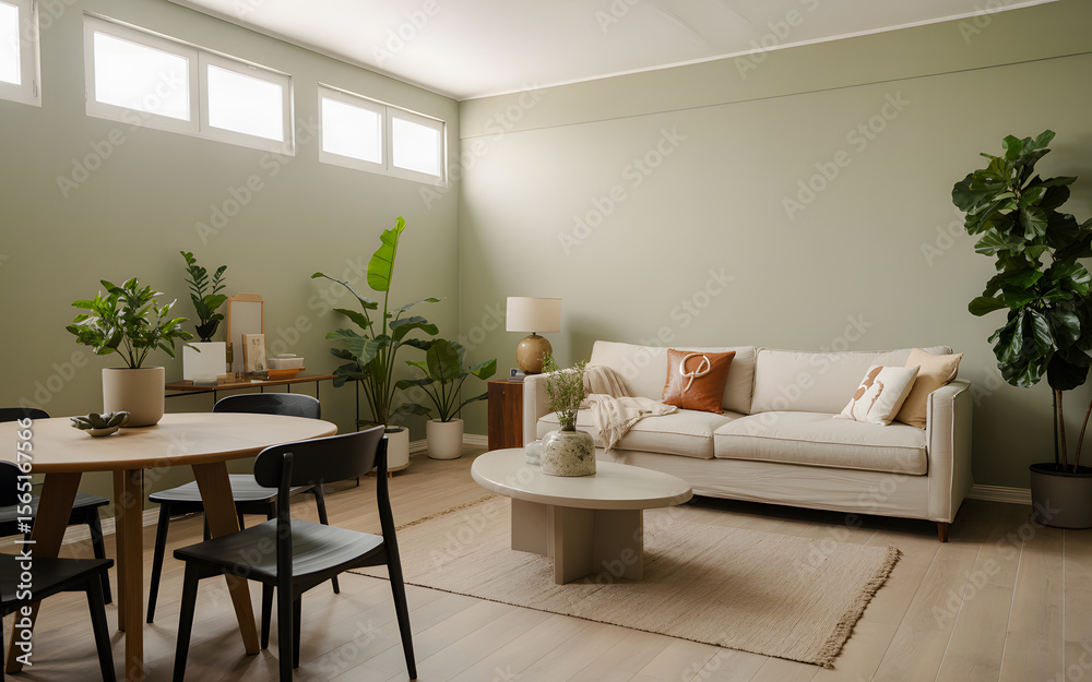 Fototapeta premium Green Serenity: A Modern Living Room Blending Natural Light, Minimalism, and Cozy Elegance
