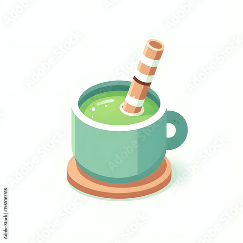 Japan matcha latte set. Flat cartoon illustration of matcha drinks. Matcha latte with foam art, heart, rabbit, flower. Green matcha in various cups.
